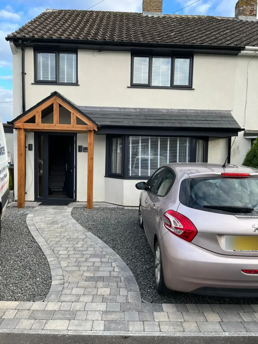 Completed block paved entrance and timber porch